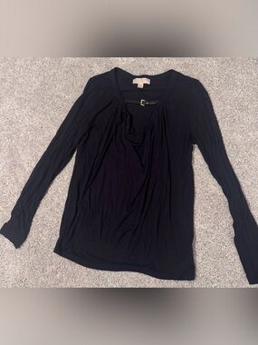 Michael Kors Black Long Sleeve Scoop Neck Top with Buckle Accent